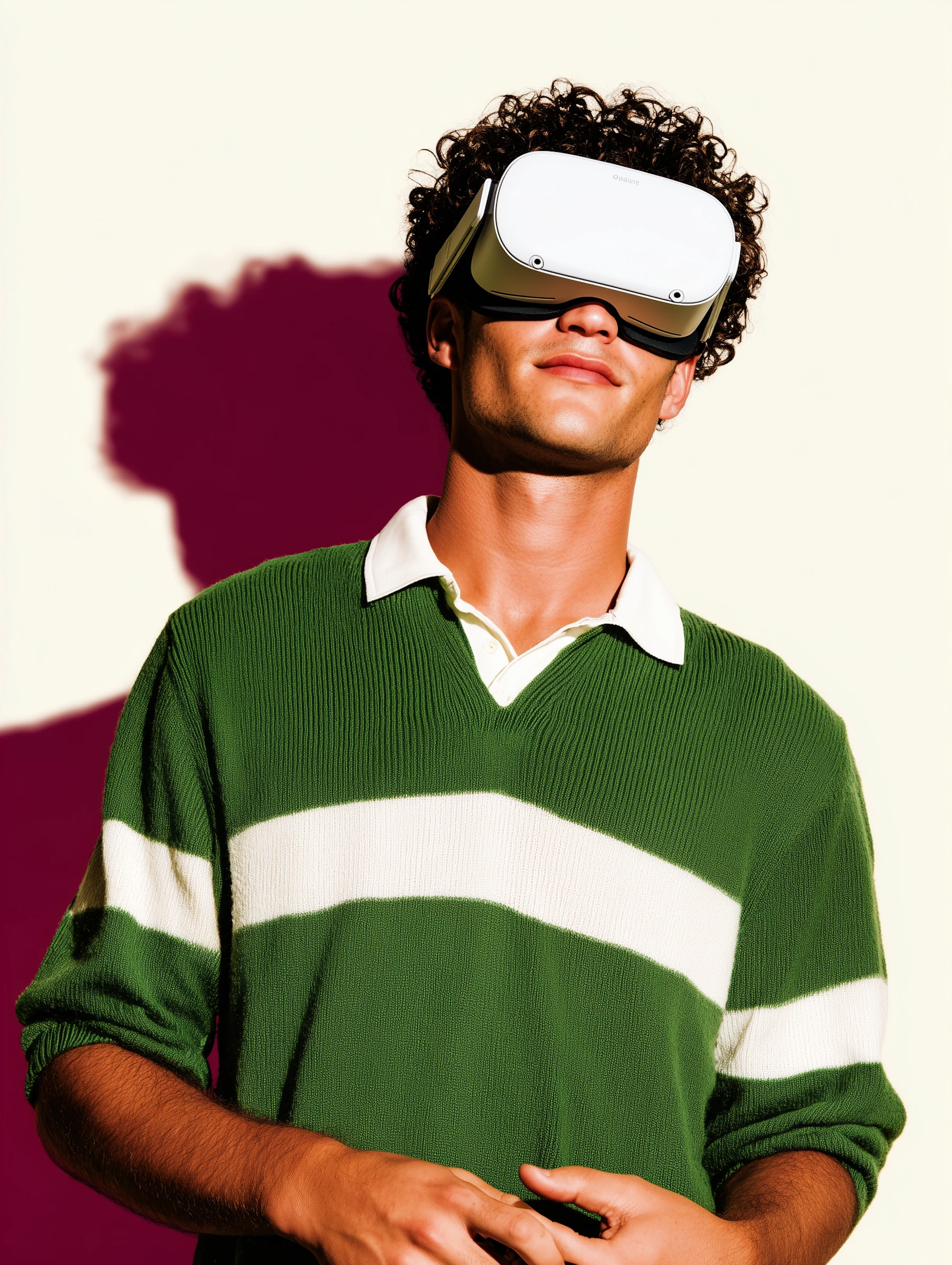 Retrato editorial de uma pessoa de camisa verde usando um visor de realidade virtual